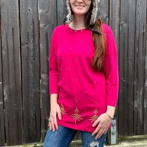 Vintage 80’s pink gold beaded Christmas tree tunic shirt Sz M womens drop-sleeve